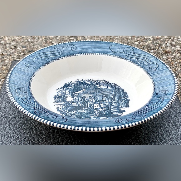 Royal China CURRIER & IVES Blue Scroll MAPLE SUGARING Rimmmed 9” Vegetable Bowl - Picture 6 of 16
